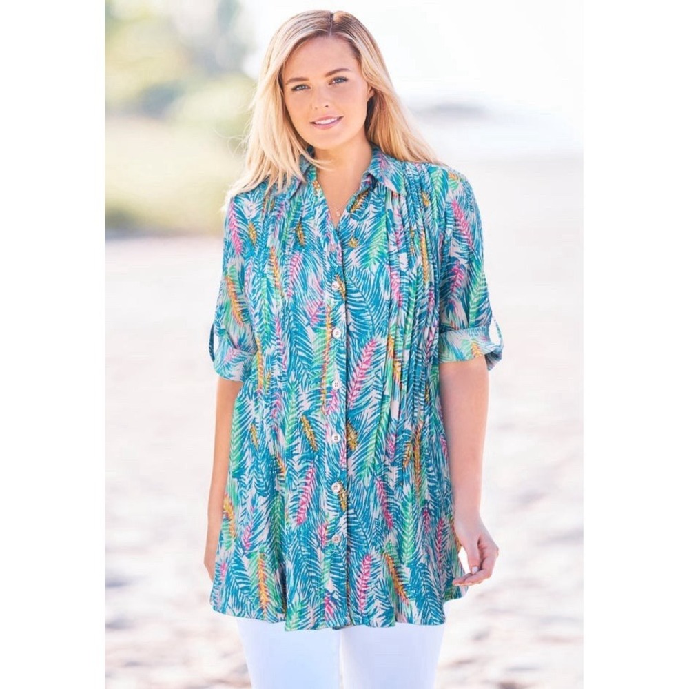 Woman Within Pintucked Button Down Gauze Shirt Pink Watercolor Palms‎  Plus 2X